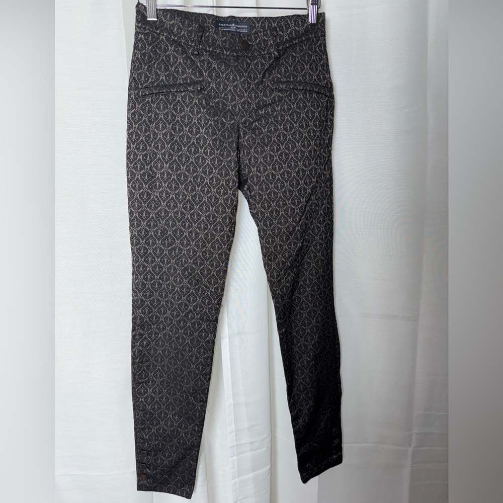 Peruvian Connection Ryder Pants Women's Size 2 Brown Print Skinny Leg Button Hem